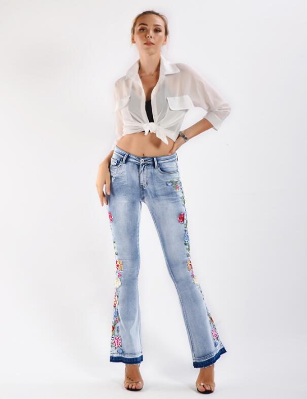 SZ60206 Flower Embroidery Denim Flared Pants in Blue